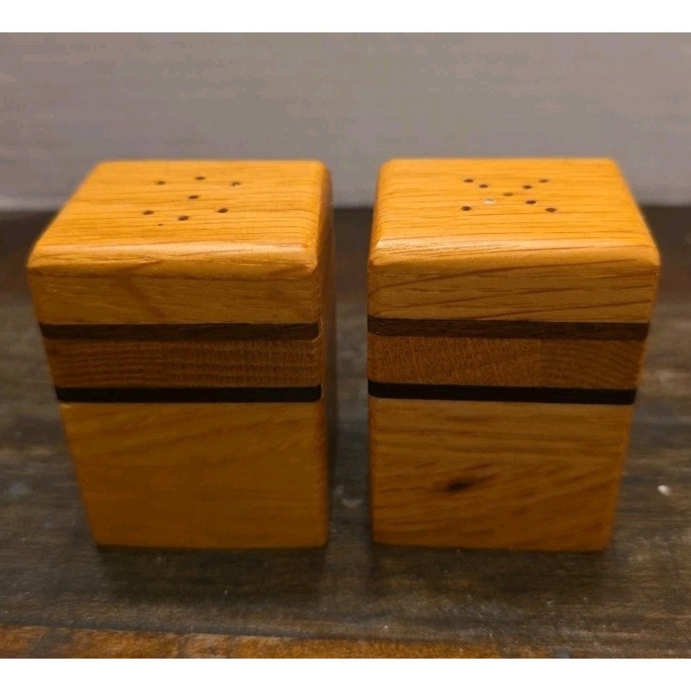Vintage MCM Handmade Inlaid Wood Salt and Pepper Shakers Square Block Striped